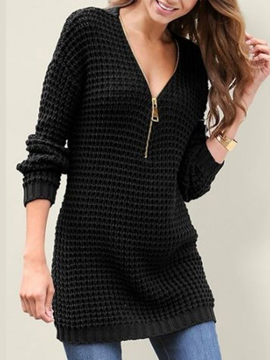Zipper Sexy Deep V Neck Sweater
