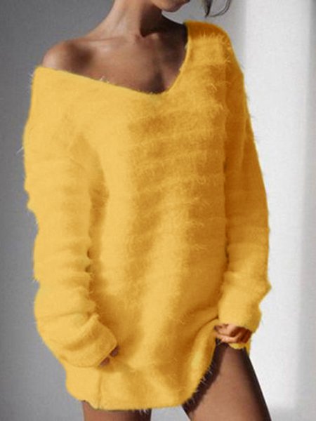 Long Sleeve Solid Cashmere Sweet Fleece Fuzzy Sweaters