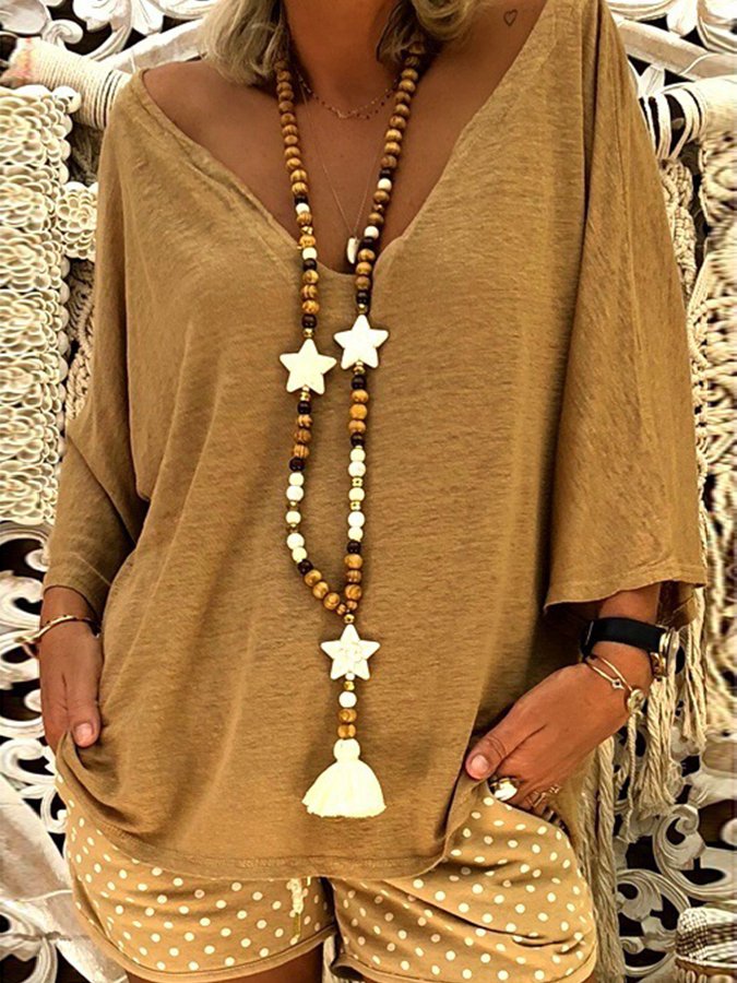 Women's Casual Solid Color Deep V Batwing Sleeve T-Shirt