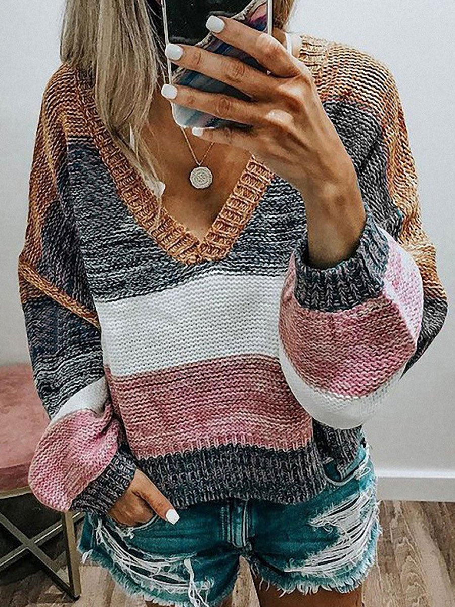 V-neck contrast stitching striped knitted sweater