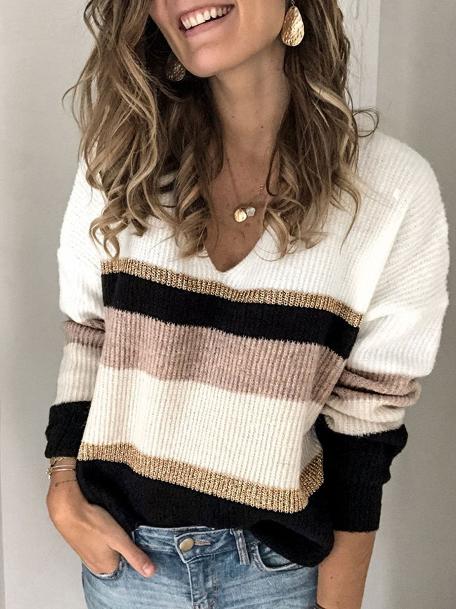 V-neck Stitching Loose Knit Sweater