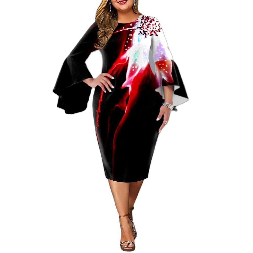 Women's Plus Size Party Dress Floral Crew Neck Ruffle Long Sleeve Dress