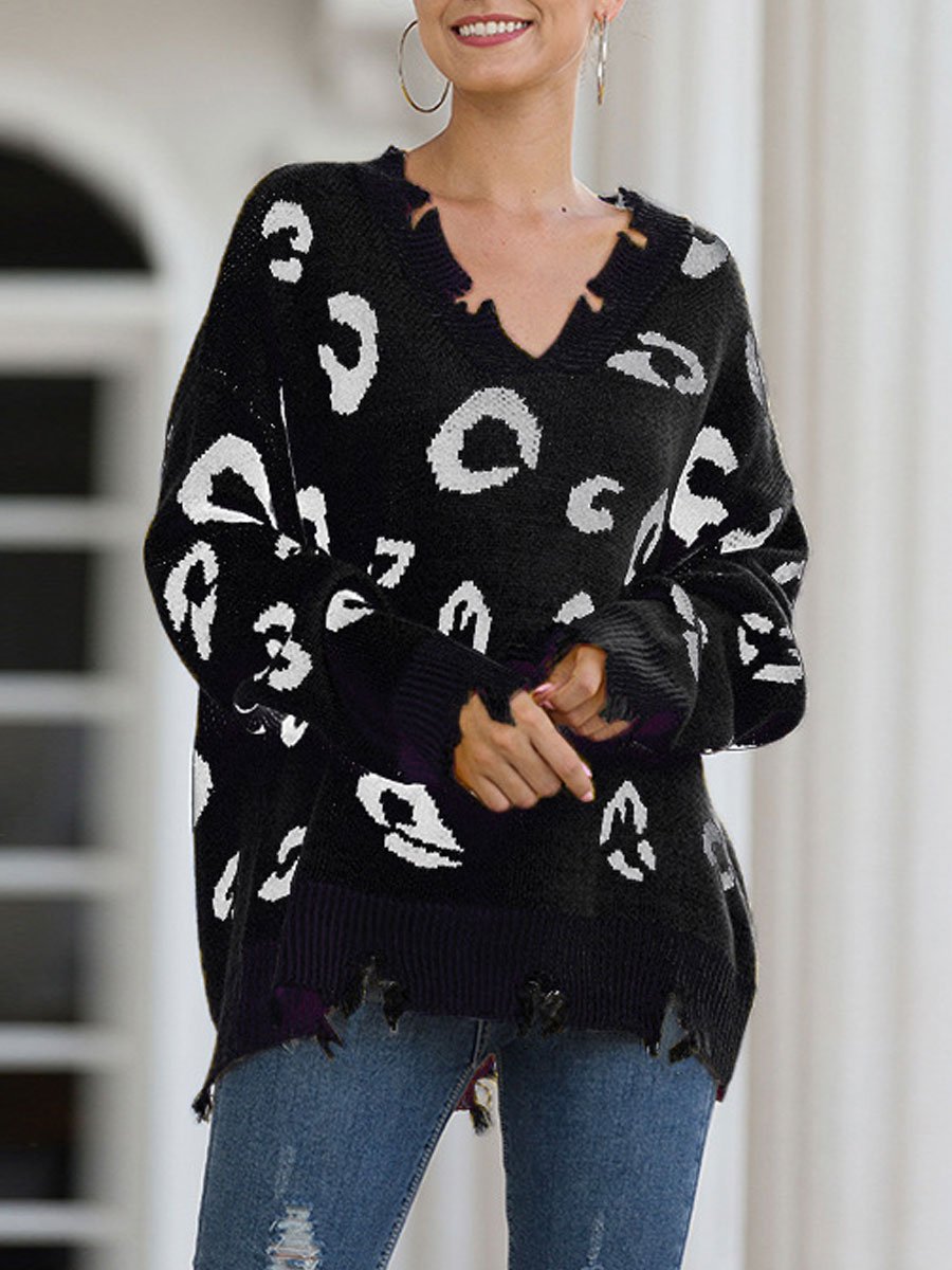 Leopard V-neck Hole Sweater