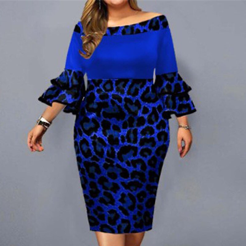 Women's Plus Size Work Dress Leopard Off Shoulder Ruffle 3/4 Length Sleeve Spring Fall Work Knee Length Dress Daily Vacation Dress / Print