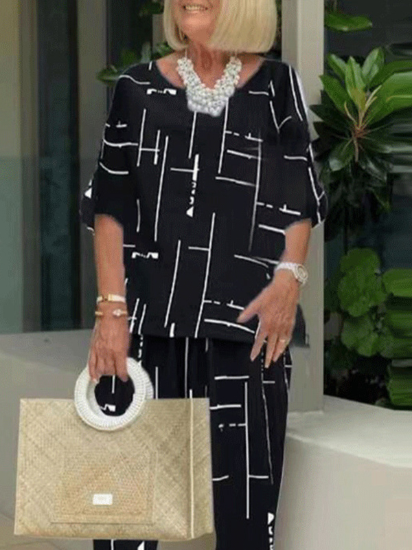 Round neck 5 / 4 sleeve top slacks 2-piece set