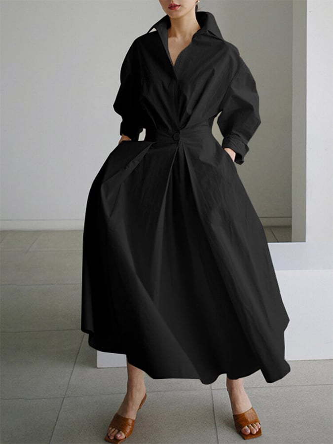 Women's Solid Pocket Button Lapel Long Sleeve Maxi Shirt Casual Dress
