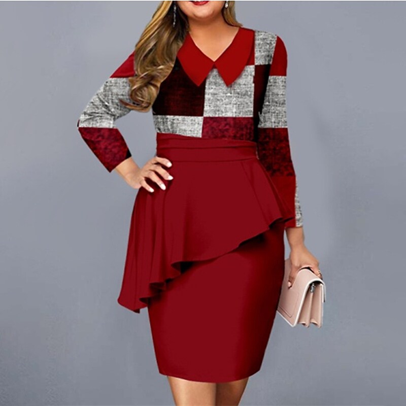 Women's Plus Size Work Dress Plaid Shirt Collar Ruffle Long Sleeve Fall Winter Work Formal Midi Dress Vacation Going out Dress / Print