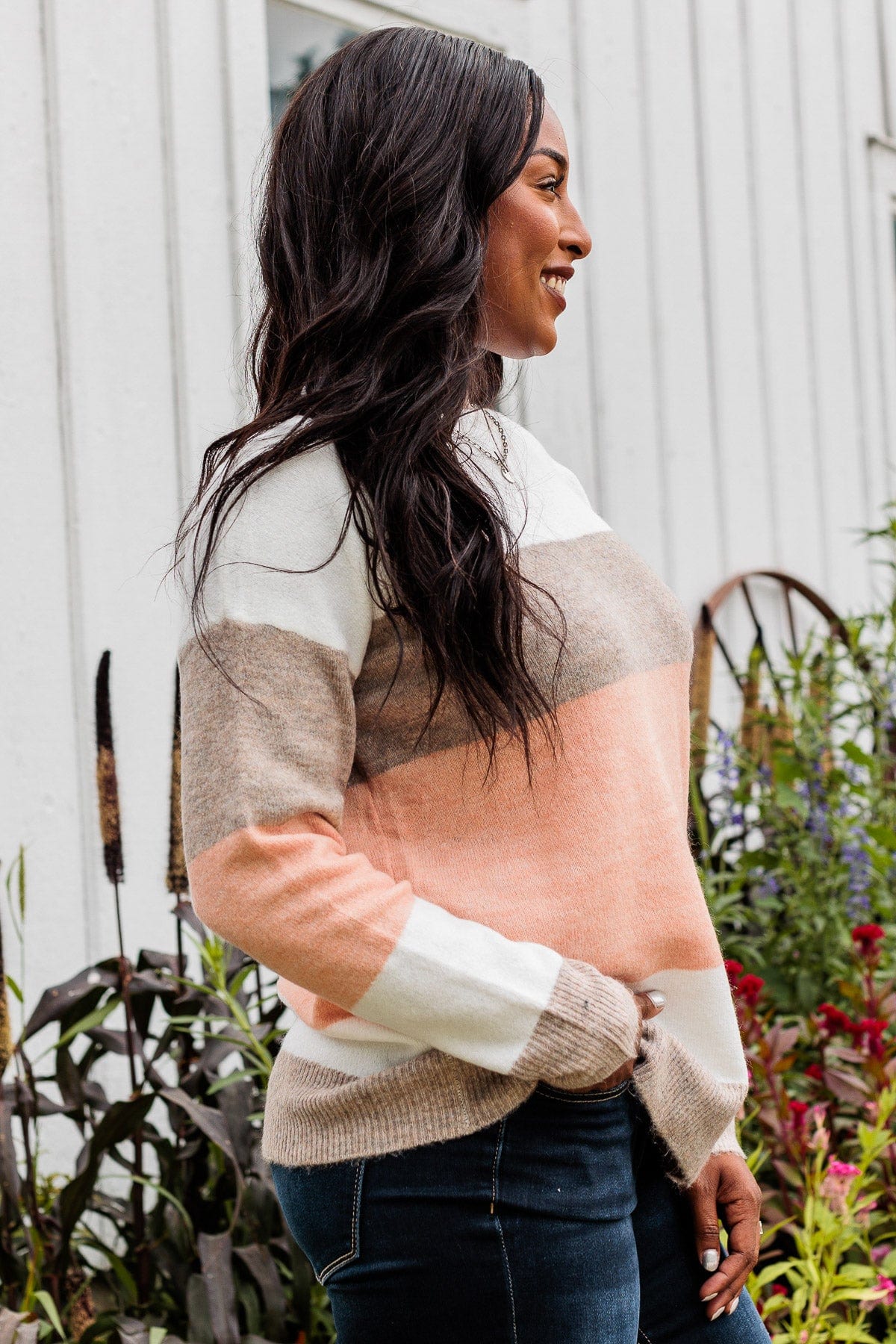 Unleash Your Shine Color Block Sweater- White, Mocha, & Pink