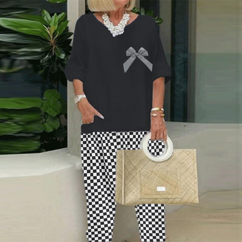Bow Top Printed Pants Two-Piece Suit