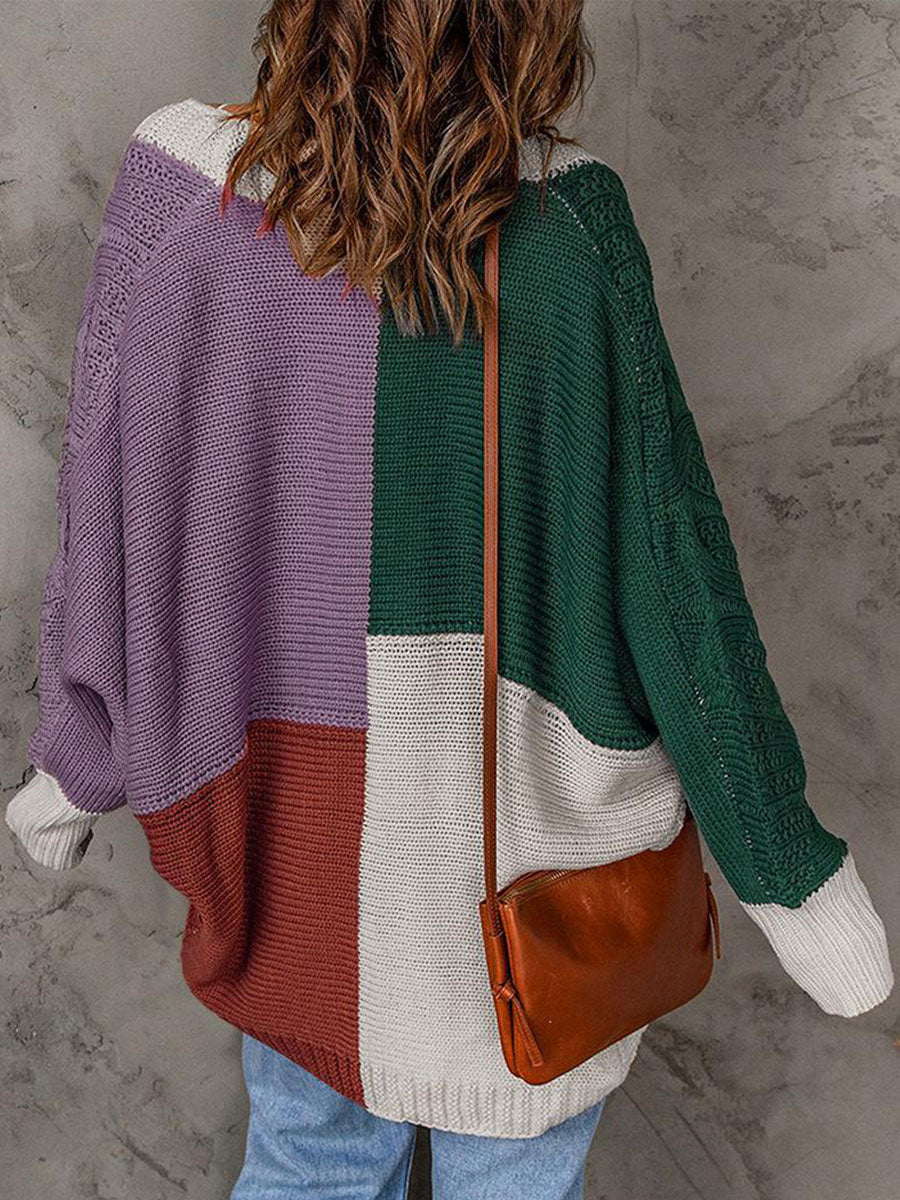 Casual Loose Sweater Contrast Panel Cardigan