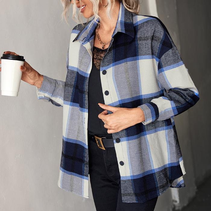 Fashion plaid design long sleeve women shirt