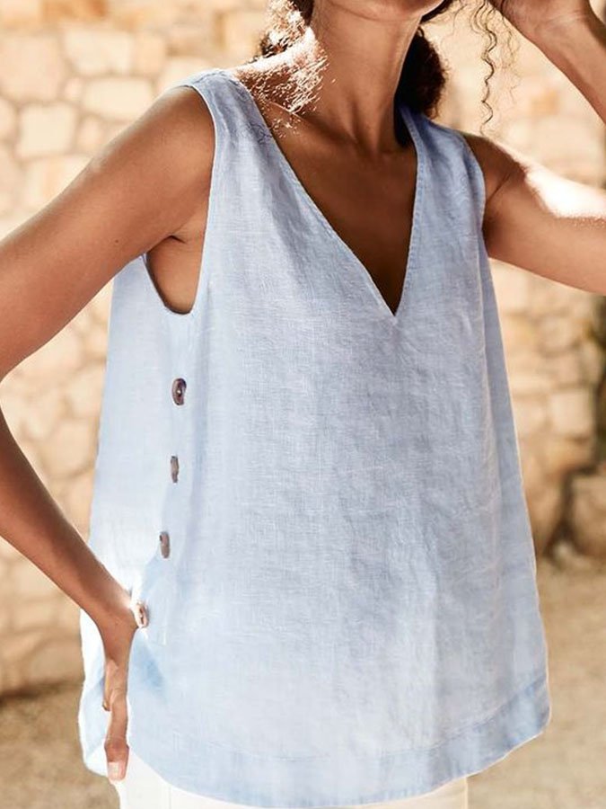 Solid V Neck Button Vest
