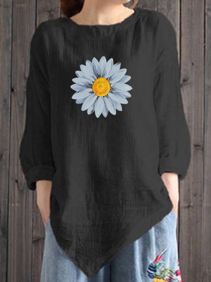 Ladies Cotton Linen Daisy Print Casual Irregular Hem Shirt