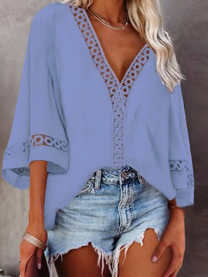Women's Sexy V-Neck Cutout Lace Shirt