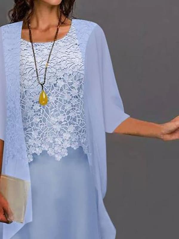 Women's Dress Set Two Piece Dress Shift Dress Midi Dress Light Blue Half Sleeve Pure Color Lace Fall Spring Autumn Crew Neck 2022 M L XL XXL XXXL 4XL 5XL