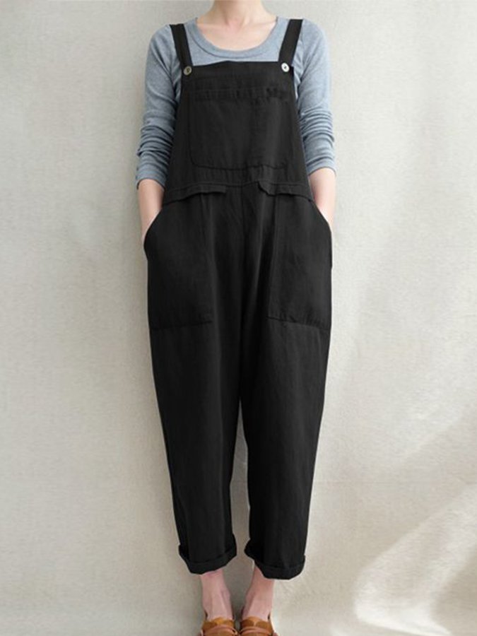 Ladies Cotton Linen Pocket Casual Long Jumpsuit