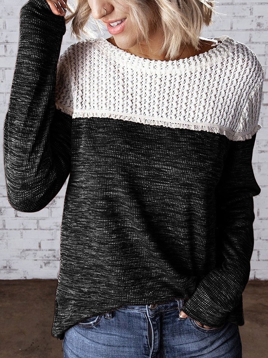 Round neck stitching knitted sweater