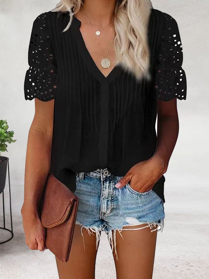 Solid V-neck Pleated Lace Short Sleeve Top