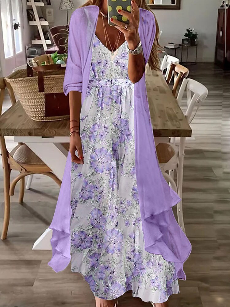 Women's Dress Set Two Piece Dress Long Dress Maxi Dress Blue Purple Pink Half Sleeve Floral Ruched Fall Spring Autumn V Neck Fashion Daily Vacation 2022 S M L XL XXL 3XL