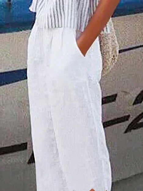 Cotton and Linen Wave Pocket Casual Cropped Pants