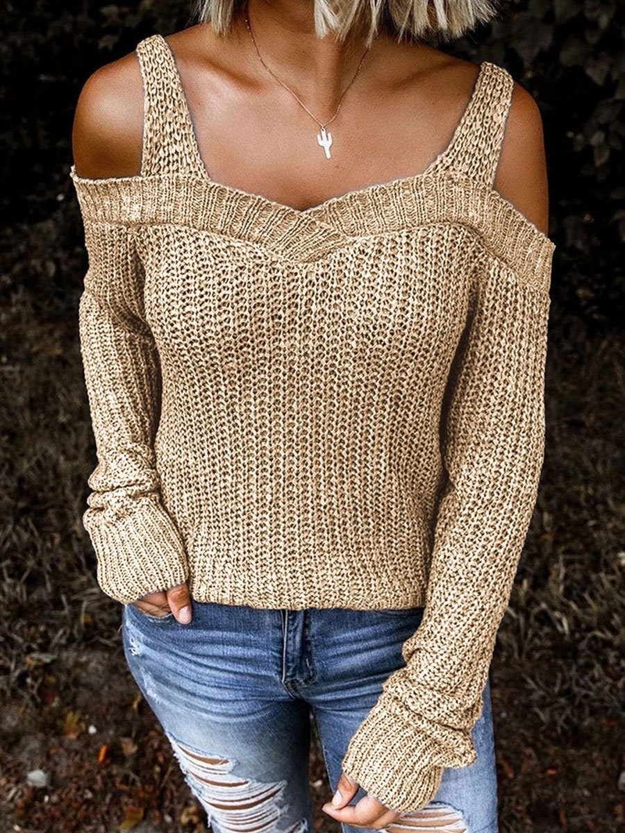 Sexy Strapless Off-shoulder Solid Color Knitted Sweater