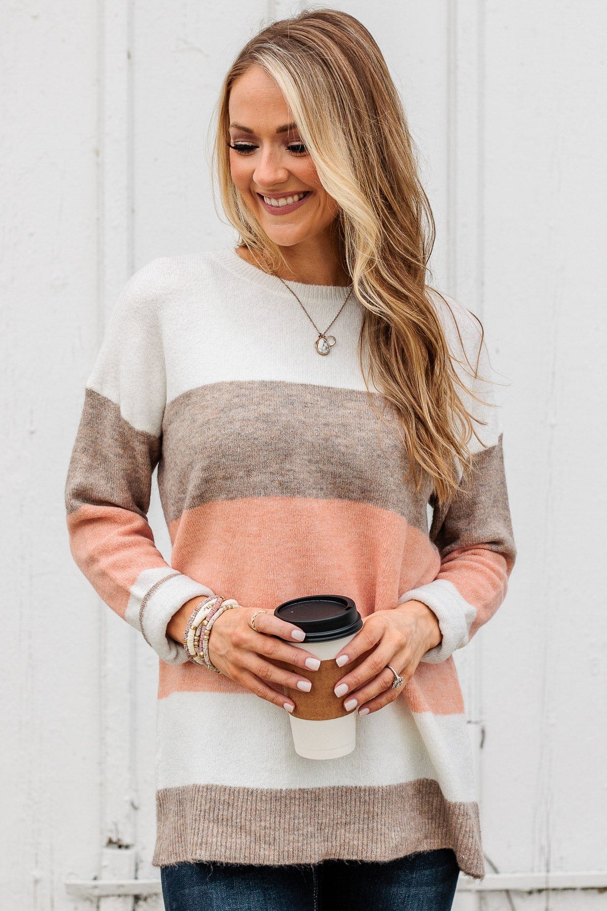 Unleash Your Shine Color Block Sweater- White, Mocha, & Pink