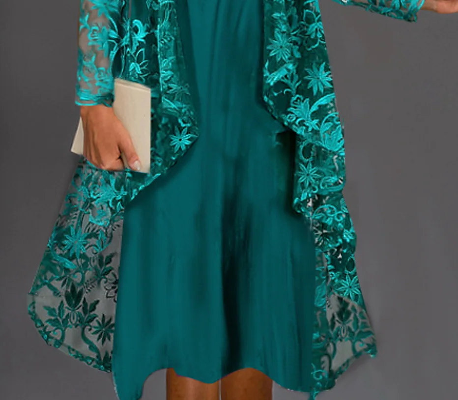 Women's Lace Dress Dress Set Midi Dress Dark Green Long Sleeve Embroidery Embroidered Layered Ruched Fall Winter Crew Neck Modern Mature 2022 S M L XL XXL 3XL