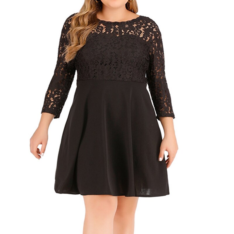 Women's Plus Size Party Dress Pure Color Crew Neck 3/4 Length Sleeve Winter Fall Fashion Elegant Mini Dress Party Date Dress / Black Dress / Lace Dress