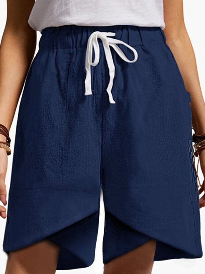 Ladies cotton and linen lace-up cross loose casual shorts
