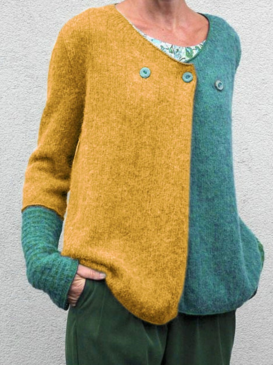 Casual stitching button V-neck sweater