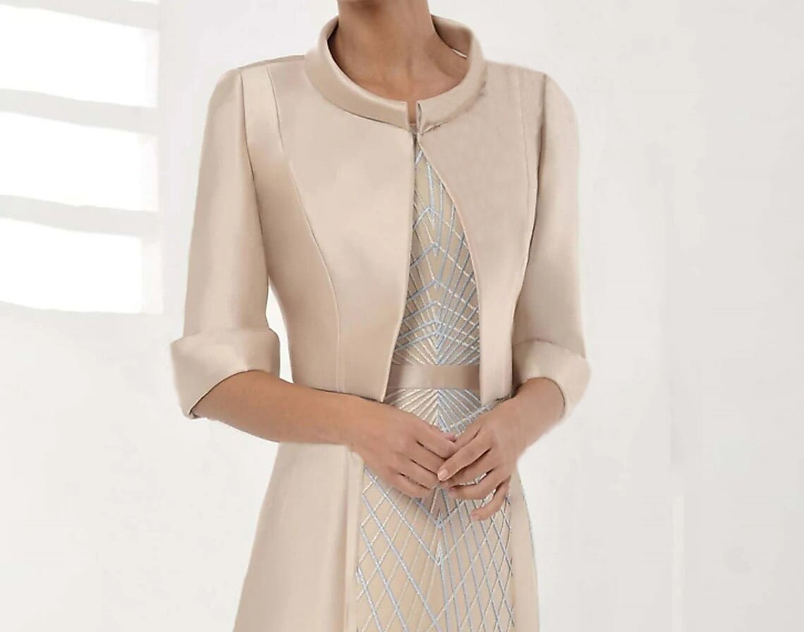 Women's Dress Set Two Piece Dress Knee Length Dress Beige 3/4 Length Sleeve Embroidery Embroidered Layered Fall Winter Stand Collar Modern Mature 2022 S M L XL 2XL 3XL