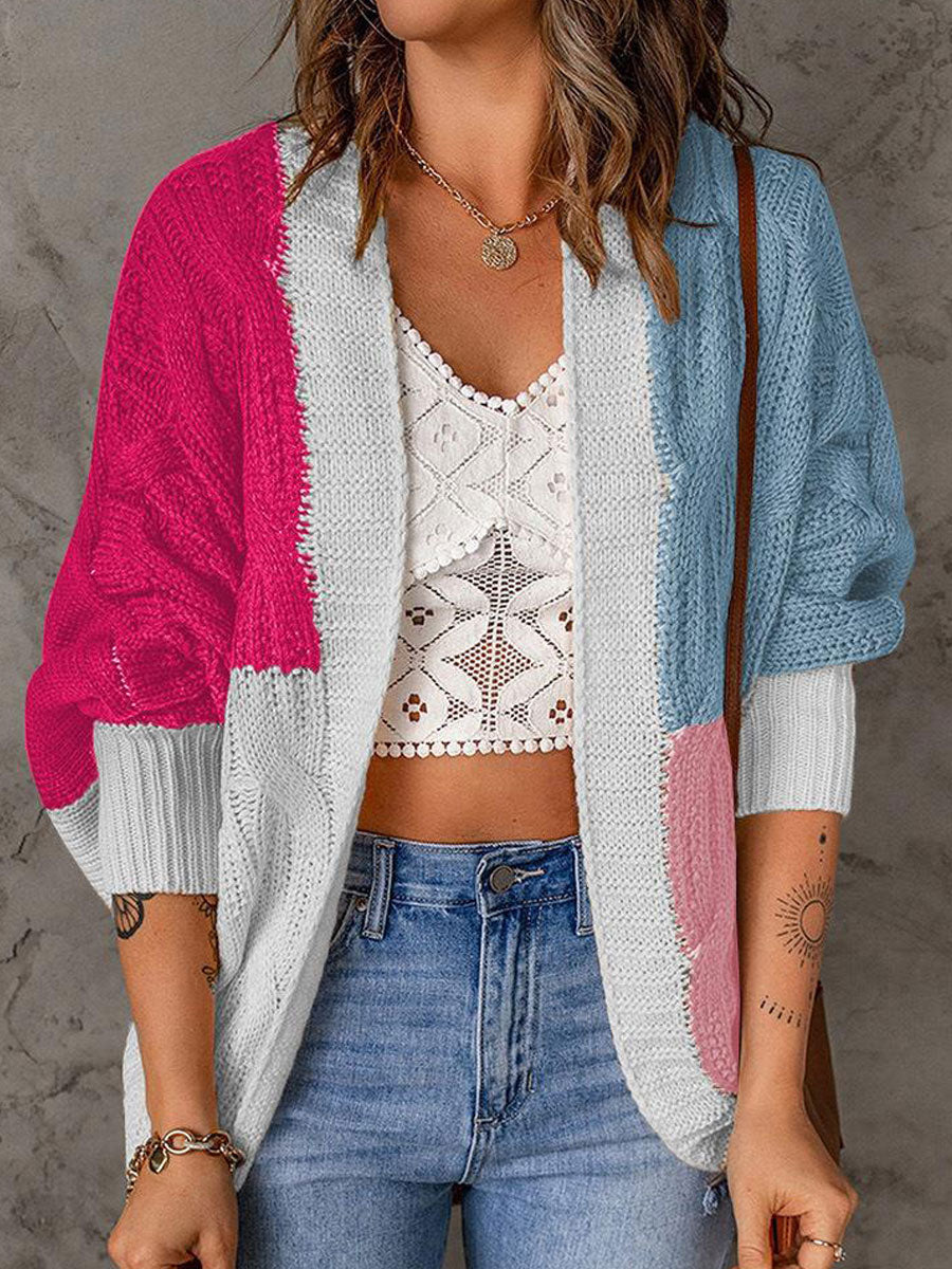 Casual Loose Sweater Contrast Panel Cardigan