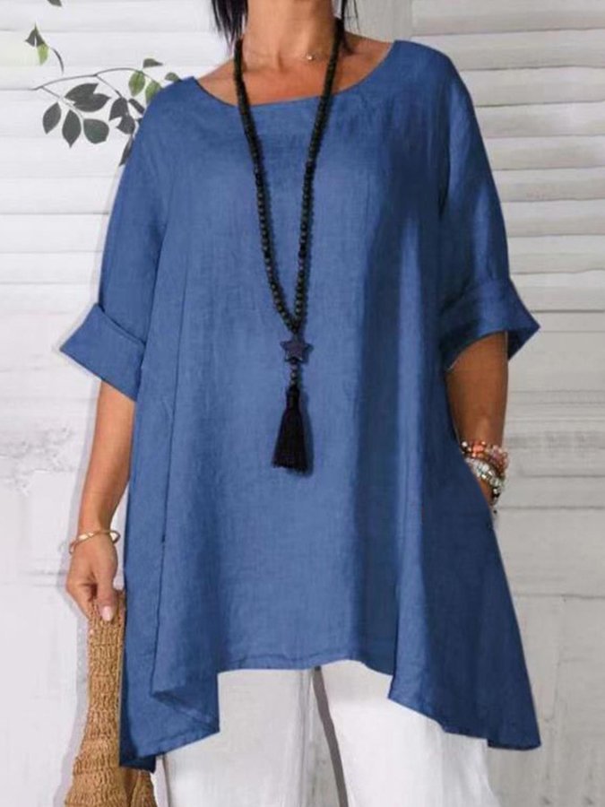 Ladies Cotton Linen Loose Casual Crew Neck Top