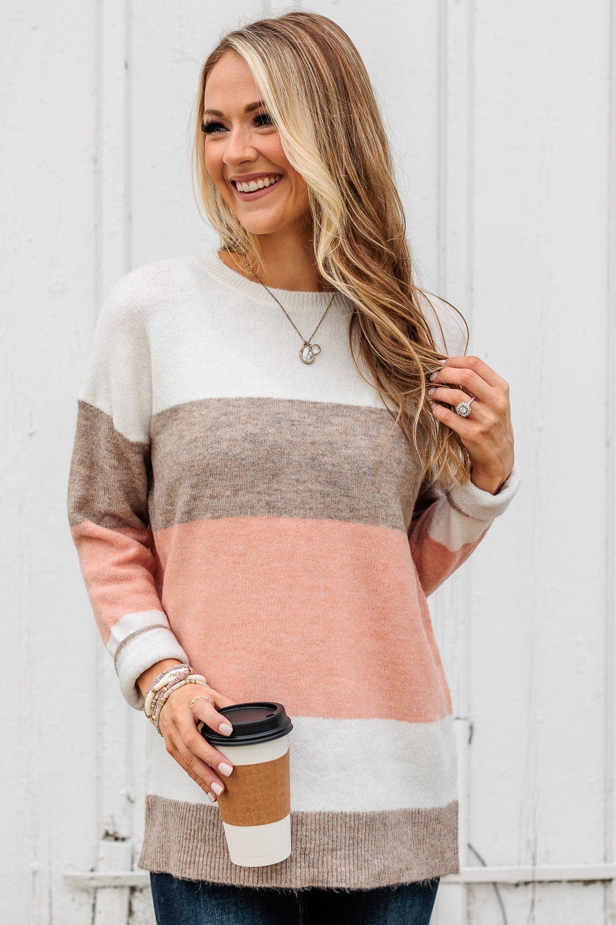 Unleash Your Shine Color Block Sweater- White, Mocha, & Pink