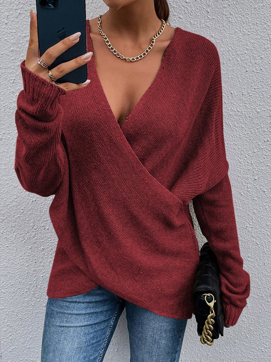 Women's Cross V-Neck Long Sleeve Knitted Sweater