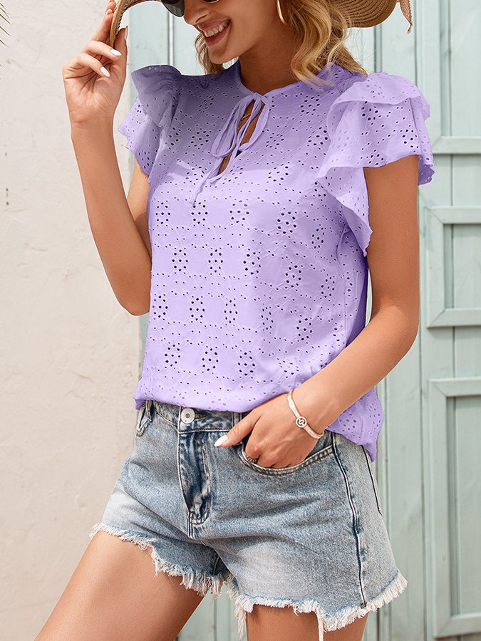 Women's Hollow Lace Up Round Neck Ruffle Sleeve T-shirt