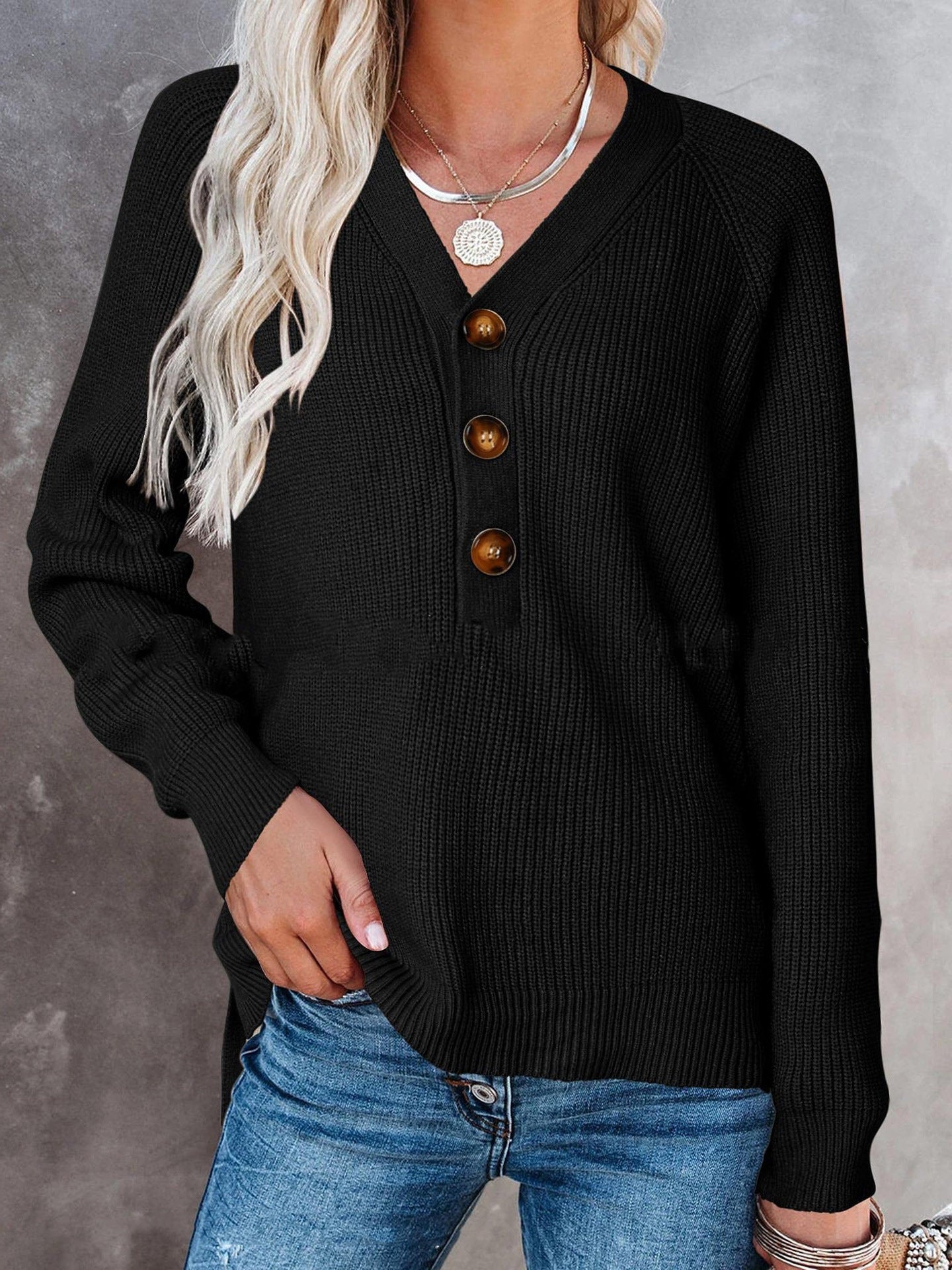 Women's Solid Long Sleeve Button Sweater