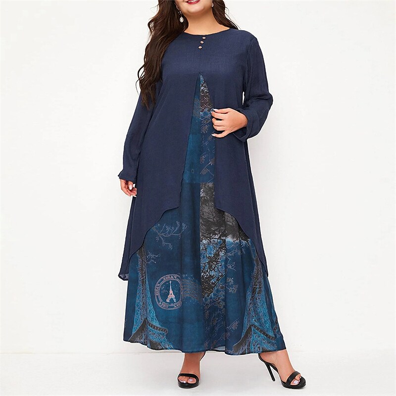Women's Plus Size Casual Dress Print Crew Neck Split Long Sleeve Dress