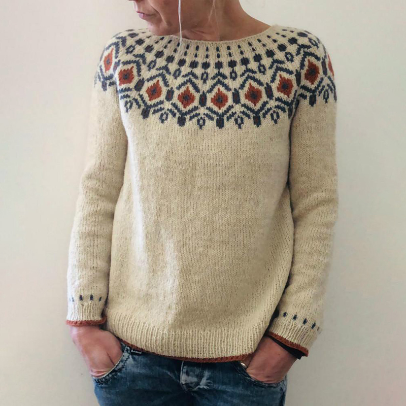 Vintage Geometric Jacquard Long Sleeve Crew Neck Sweater