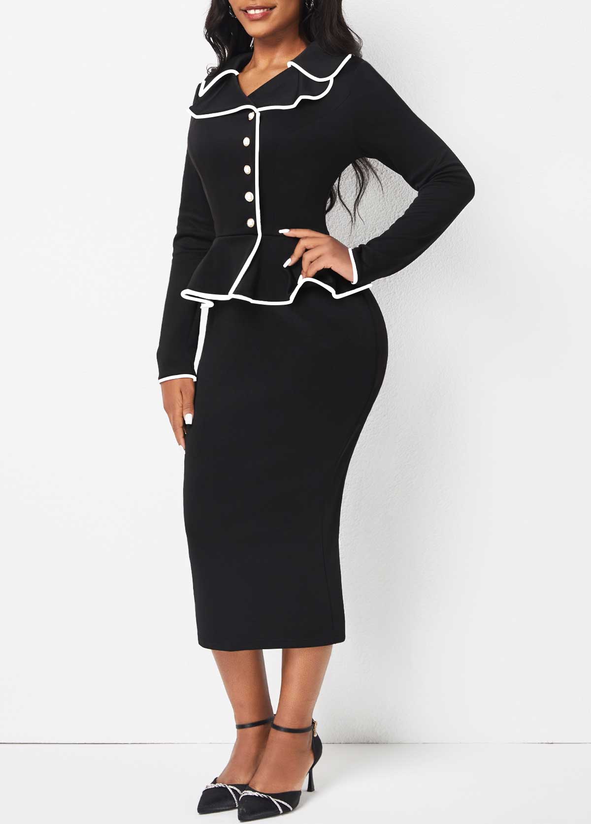 Turn Down Collar Black Long Sleeve Bodycon Dress