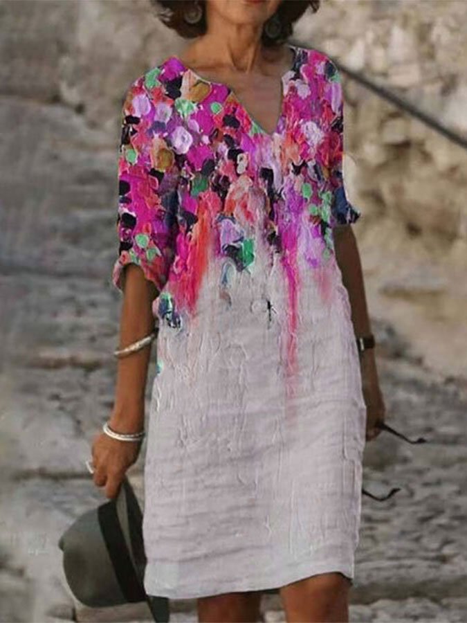 Women's Cotton Linen Oil Painting Print V-Neck Shift Dress