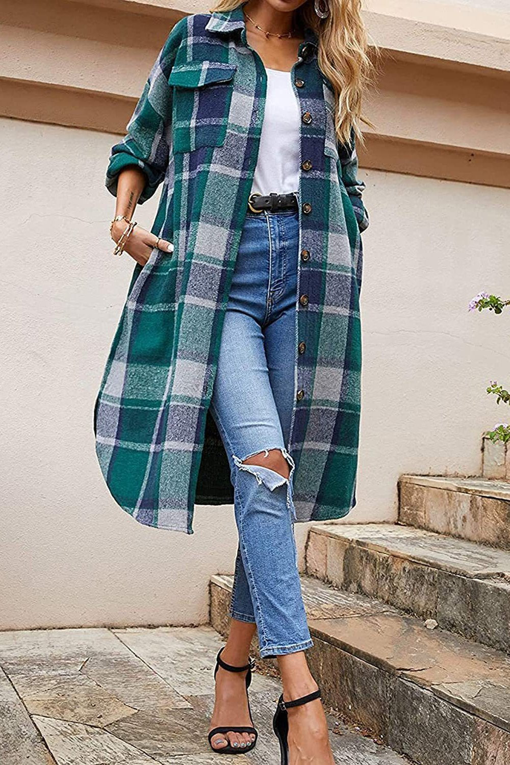 Winter plaid print long sleeve women coat
