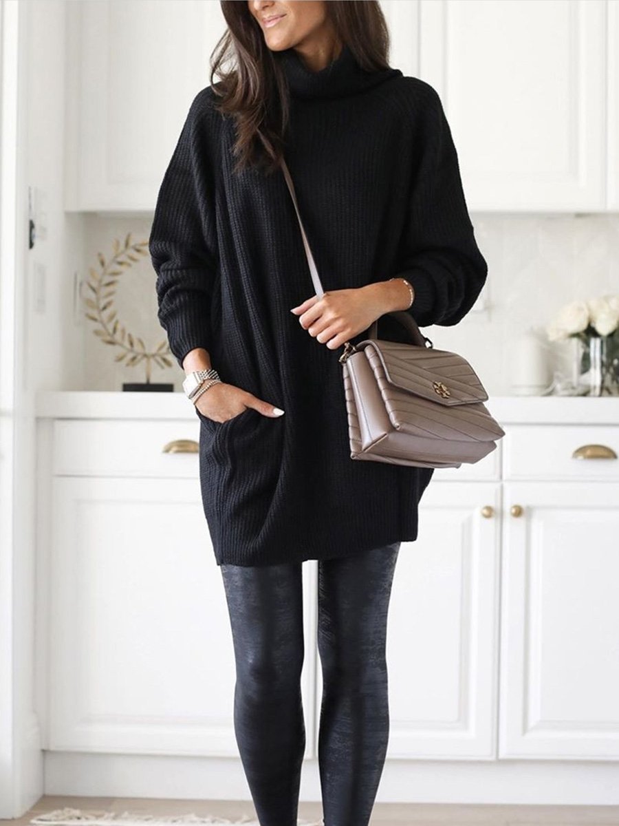 Knitted Turtleneck Solid Color Long Sweater