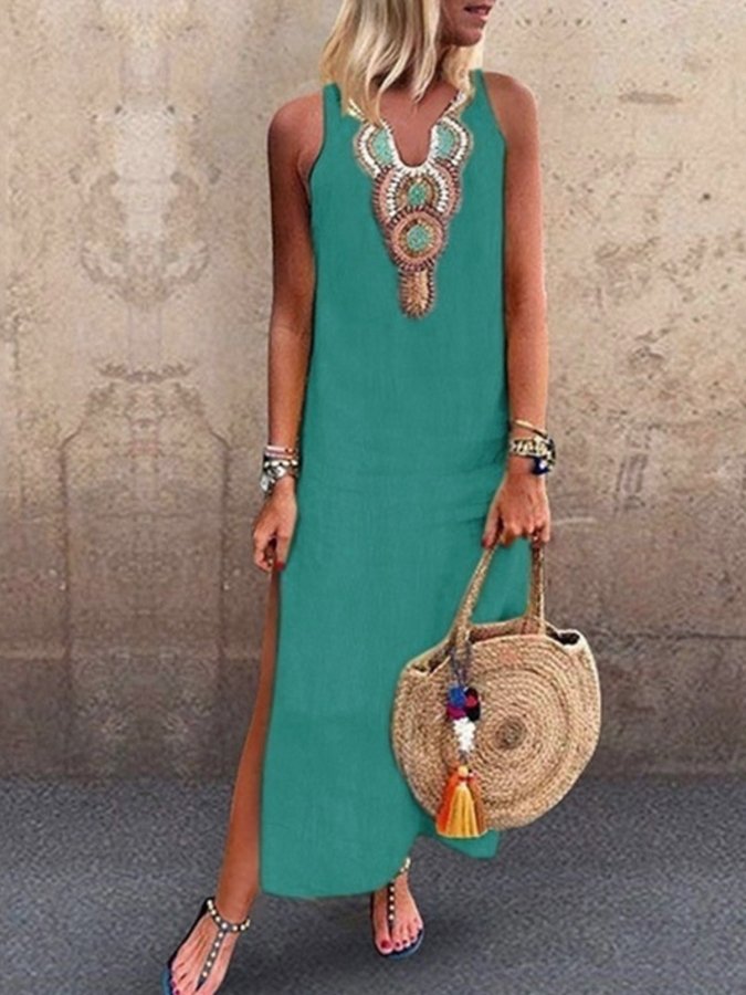 Ladies Cotton Linen V-Neck Sleeveless Dress