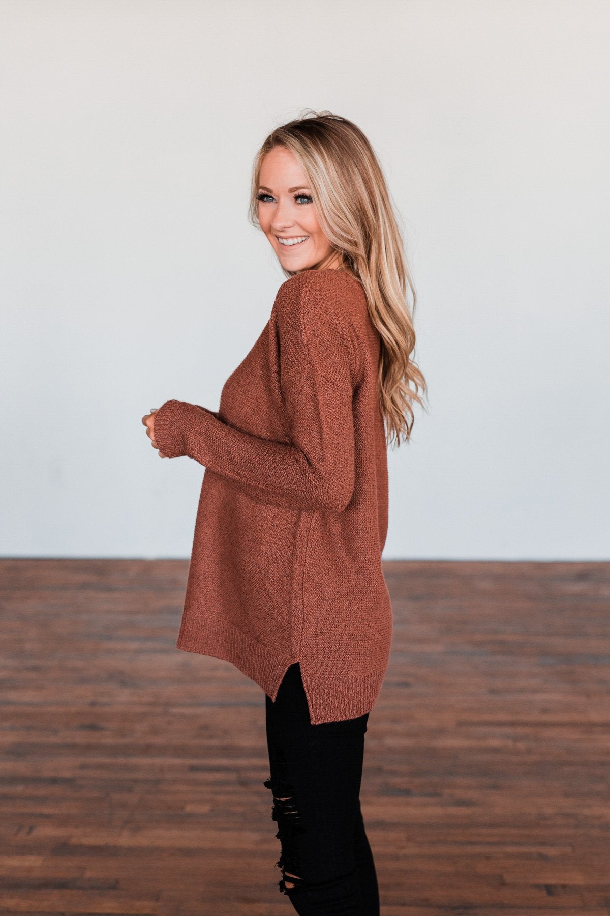 Reaching Out To You Knit Sweater- Brick