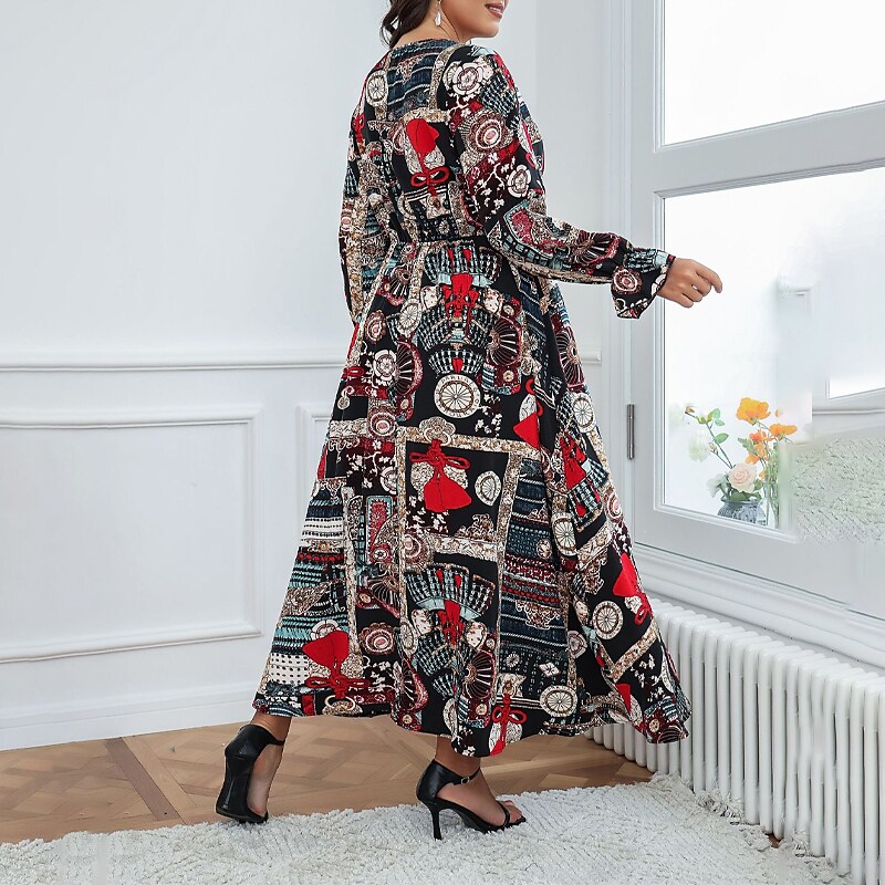 Women's Plus Size A Line Dress Print Crew Neck Long Sleeve Fall Winter Stylish Casual Maxi long Dress Date Vacation Dress