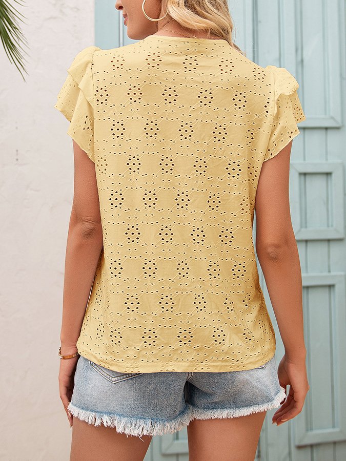 Women's Hollow Lace Up Round Neck Ruffle Sleeve T-shirt