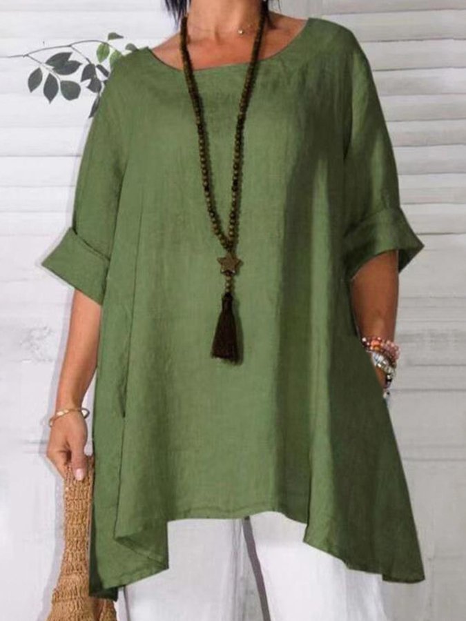 Ladies Cotton Linen Loose Casual Crew Neck Top