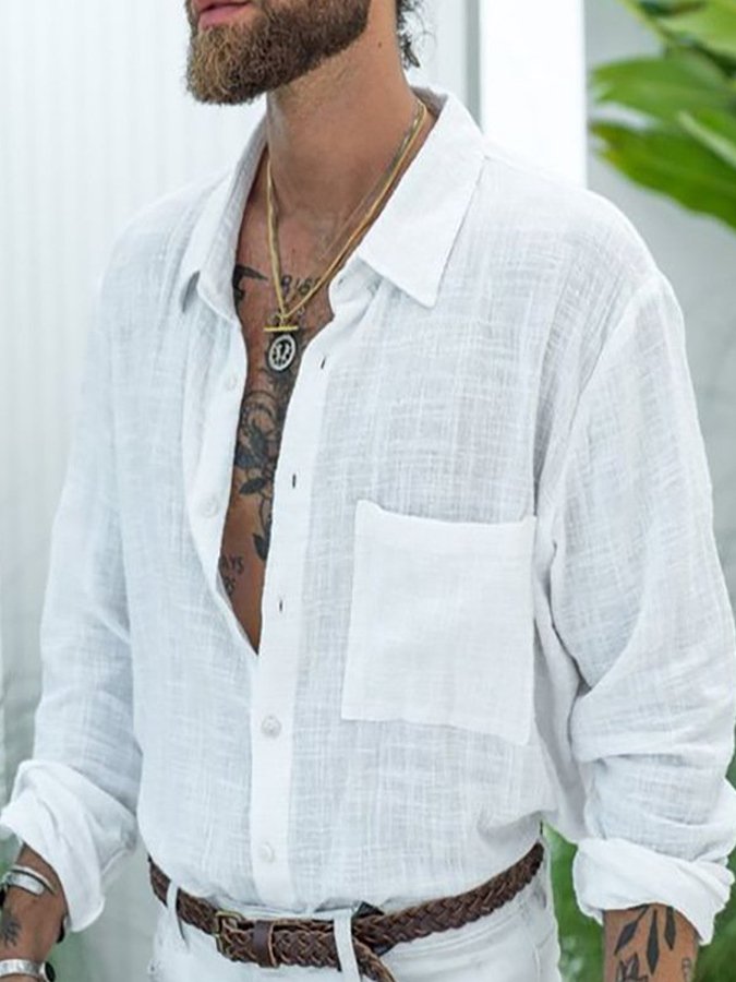 Men's Loose Cotton Linen Slub Pocket Shirt
