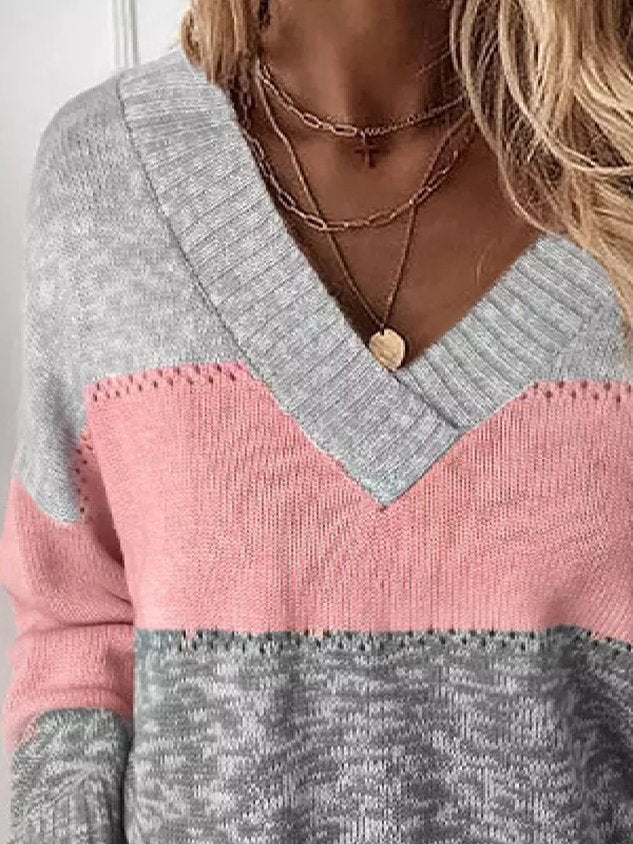 Women's Sweater Jumper Loose Patchwork Print Color Block Stylish Basic Casual Long Sleeve V-Neck Sweater Fall Winter 2022